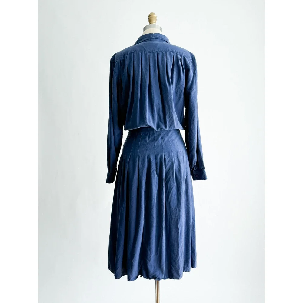 Argenti Silk Shirt Dress Vintage 80s Midi Pleated 10 Blue Long Sleeve Pocket